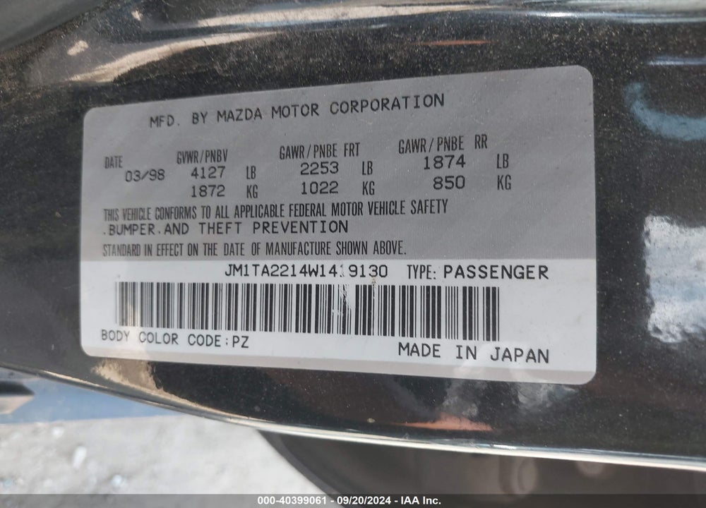 1998 MAZDA MILLENIA VIN: JM1TA2214W1419130