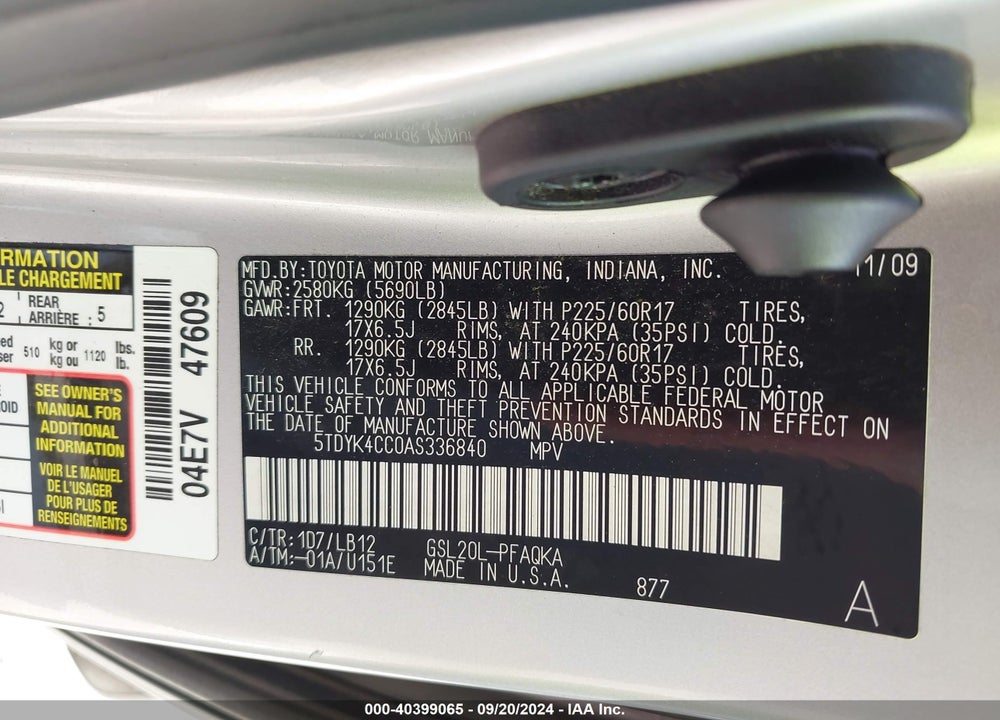 2010 TOYOTA SIENNA XLE VIN: 5TDYK4CC0AS336840