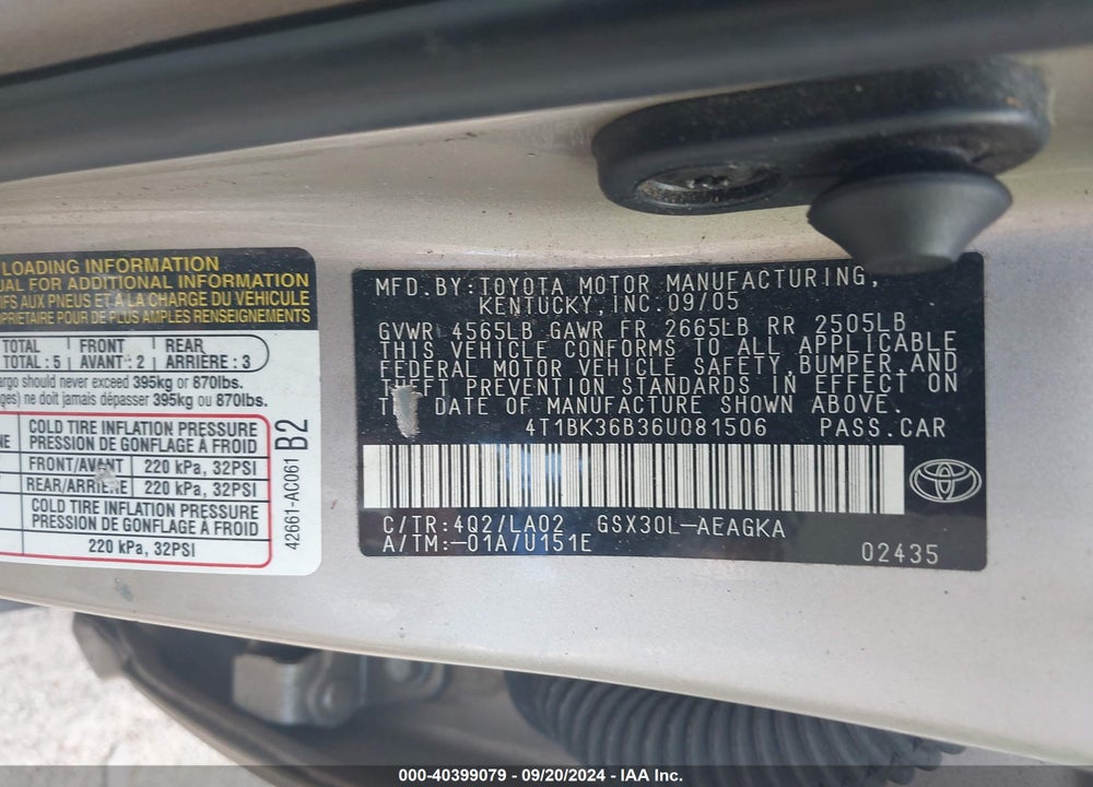 2006 TOYOTA AVALON XLS VIN: 4T1BK36B36U081506