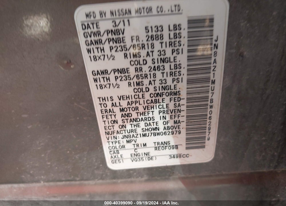 2011 NISSAN MURANO SL VIN: JN8AZ1MU7BW062979