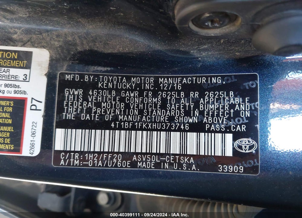 2017 TOYOTA CAMRY SE VIN: 4T1BF1FKXHU373746