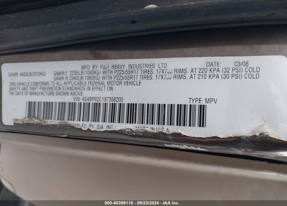 2008 SUBARU OUTBACK 2.5I LIMITED/2.5I LIMITED L.L. BEAN EDITION VIN: 4S4BP62C187358205