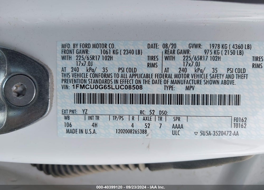 2020 FORD ESCAPE SE VIN: 1FMCU0G65LUC08508