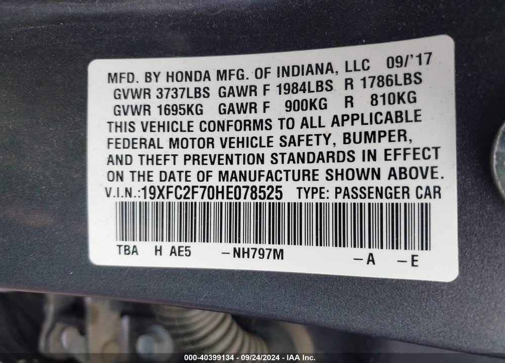 2017 HONDA CIVIC EX VIN: 19XFC2F70HE078525
