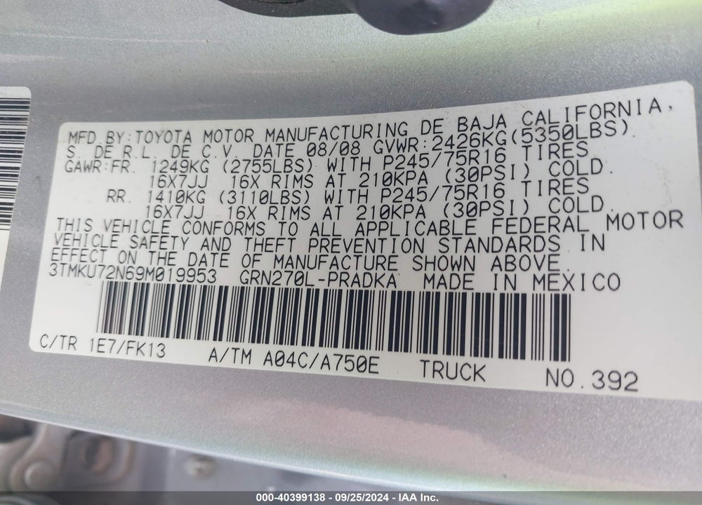 2009 TOYOTA TACOMA PRERUNNER V6 VIN: 3TMKU72N69M019953