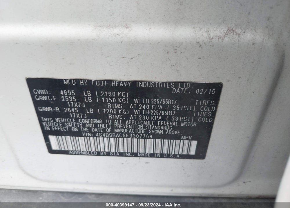 2015 SUBARU OUTBACK 2.5I VIN: 4S4BSBAC5F3307769