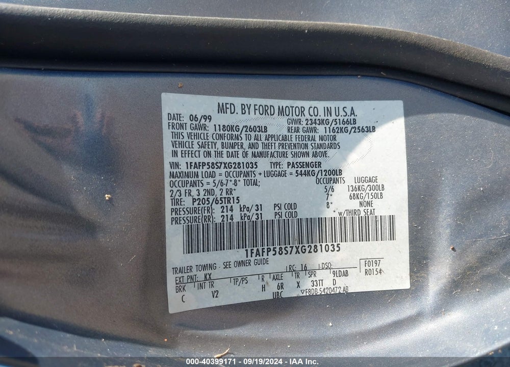 1999 FORD TAURUS SE VIN: 1FAFP58S7XG281035