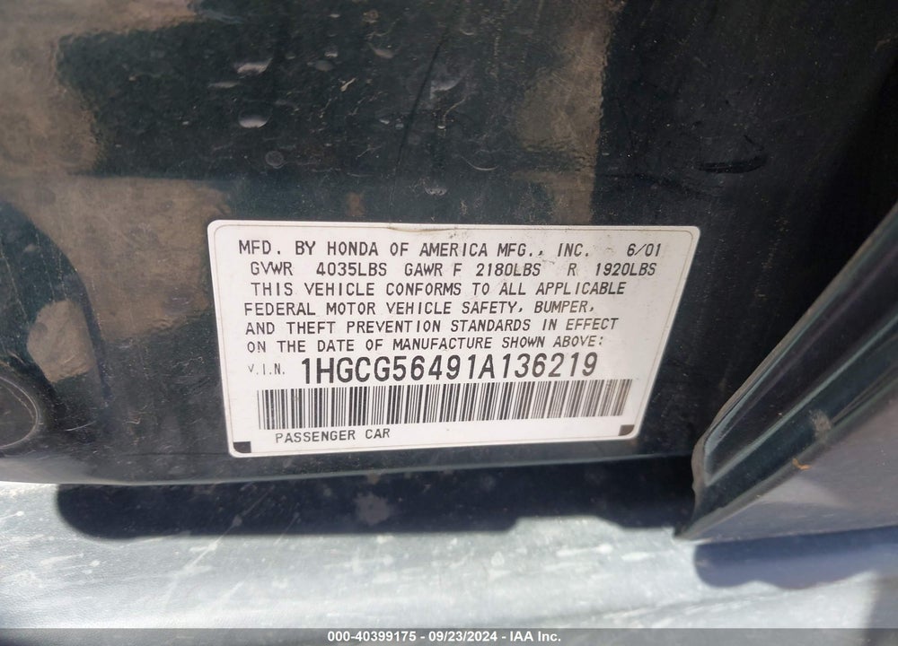 2001 HONDA ACCORD 2.3 LX VIN: 1HGCG56491A136219