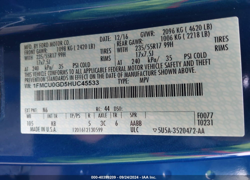 2017 FORD ESCAPE SE VIN: 1FMCU0GD5HUC45533