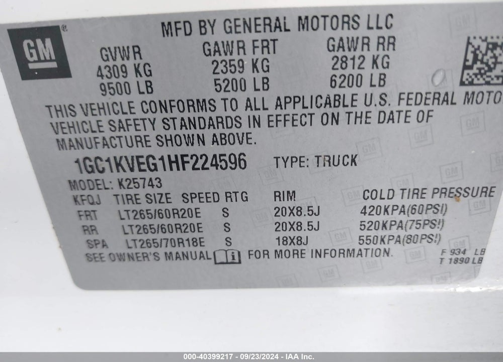 2017 CHEVROLET SILVERADO 2500HD LT VIN: 1GC1KVEG1HF224596