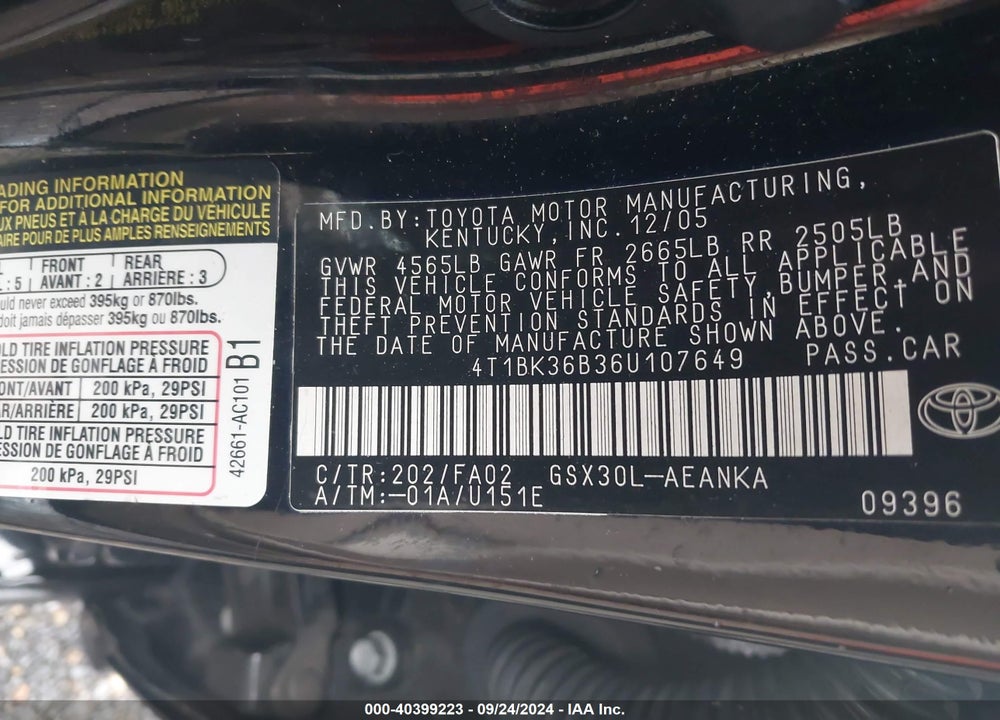 2006 TOYOTA AVALON XL VIN: 4T1BK36B36U107649