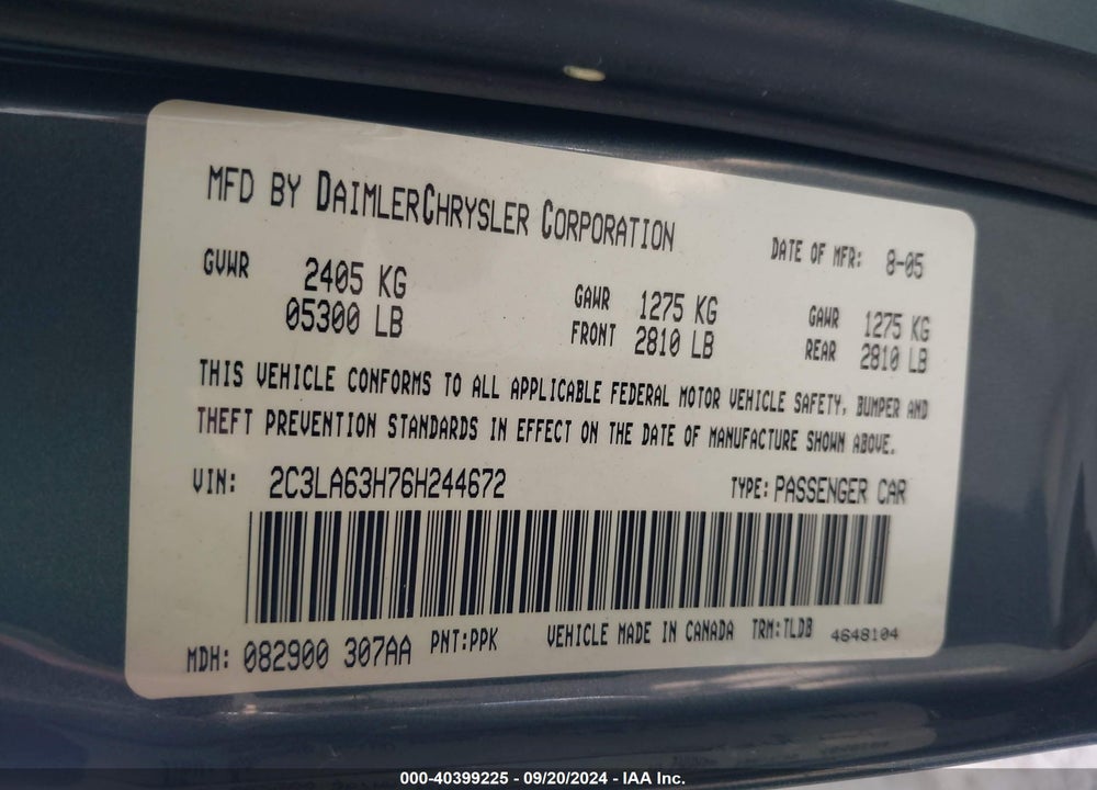 2006 CHRYSLER 300 C VIN: 2C3LA63H76H244672