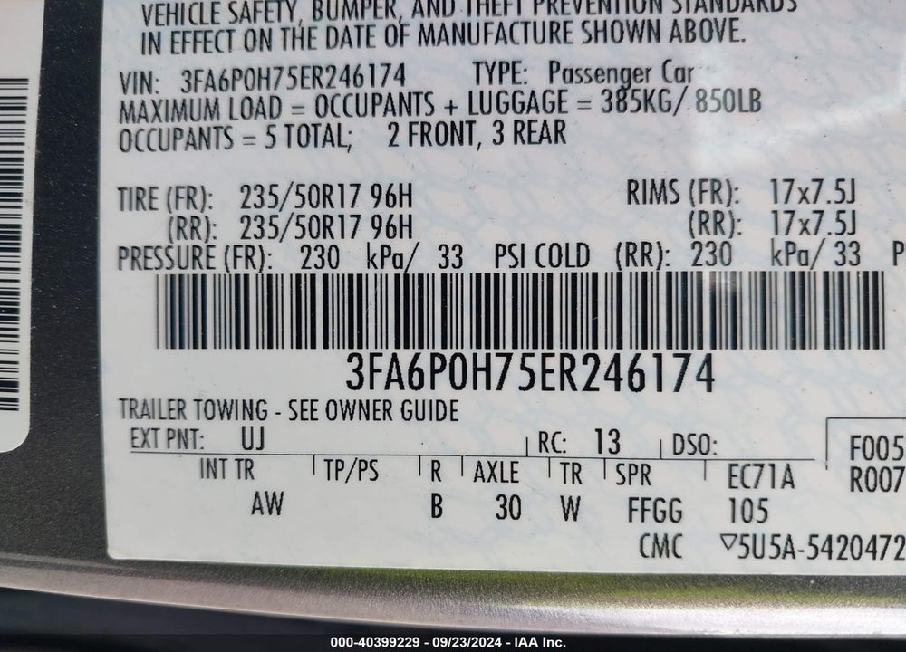 2014 FORD FUSION SE VIN: 3FA6P0H75ER246174