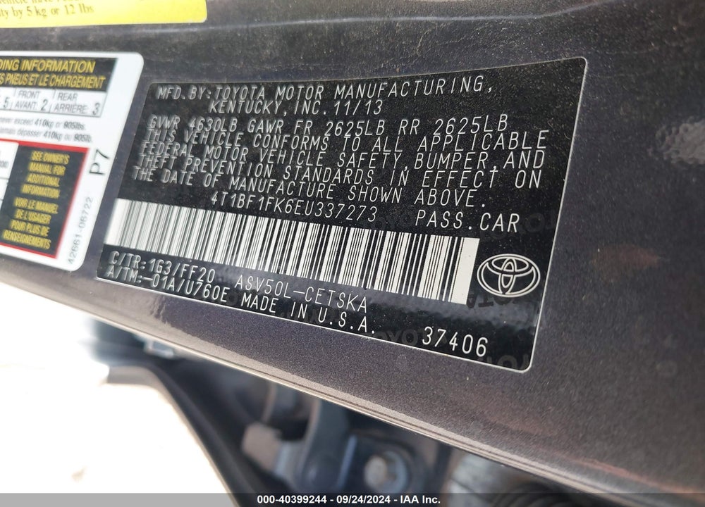 2014 TOYOTA CAMRY SE VIN: 4T1BF1FK6EU337273