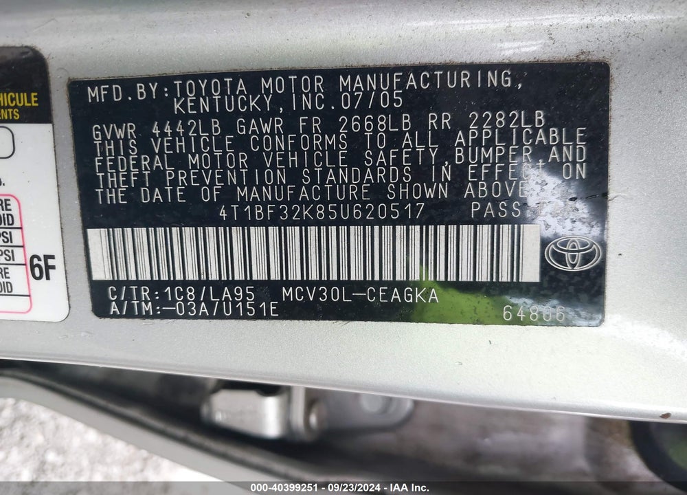 2005 TOYOTA CAMRY XLE V6 VIN: 4T1BF32K85U620517