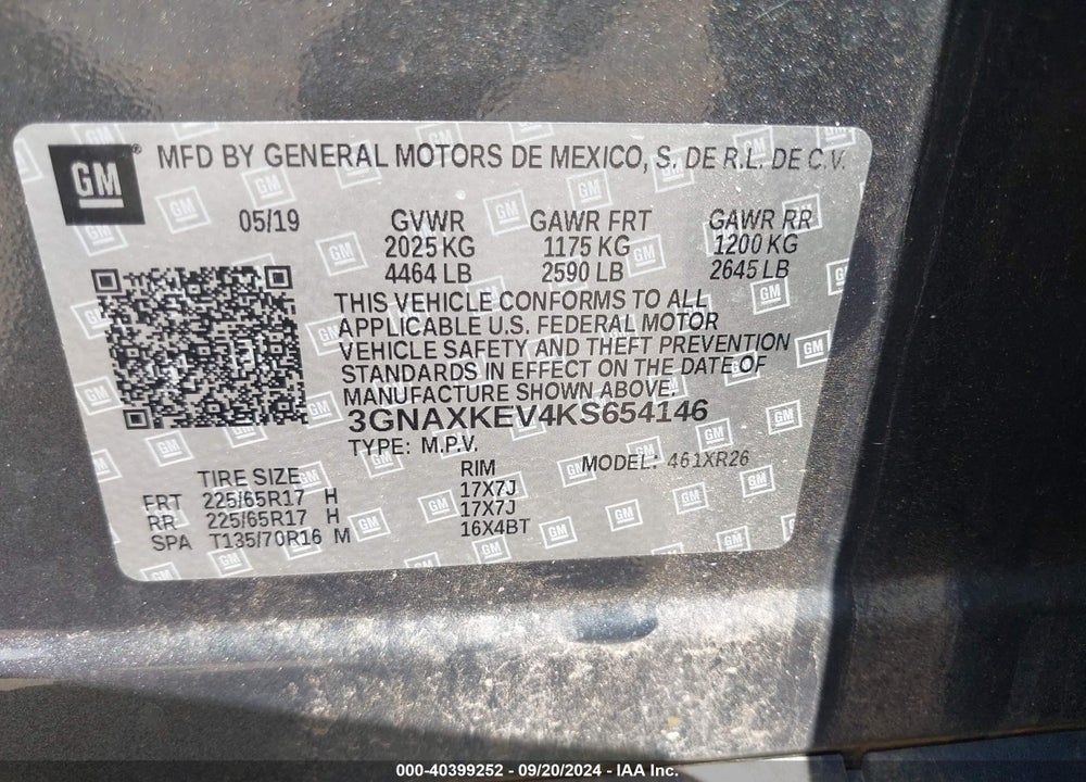 2019 CHEVROLET EQUINOX LT VIN: 3GNAXKEV4KS654146
