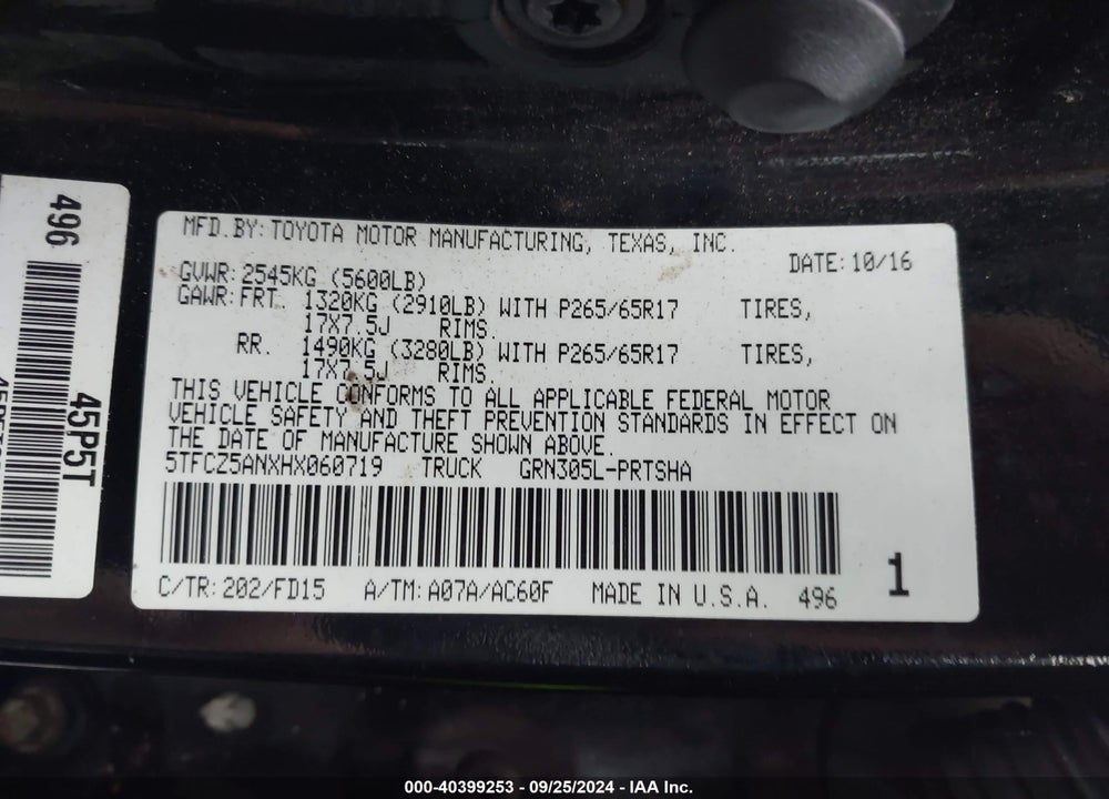 2017 TOYOTA TACOMA TRD SPORT VIN: 5TFCZ5ANXHX060719