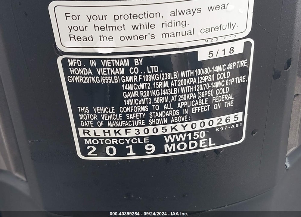 2019 HONDA WW150 VIN: RLHKF3005KY000265