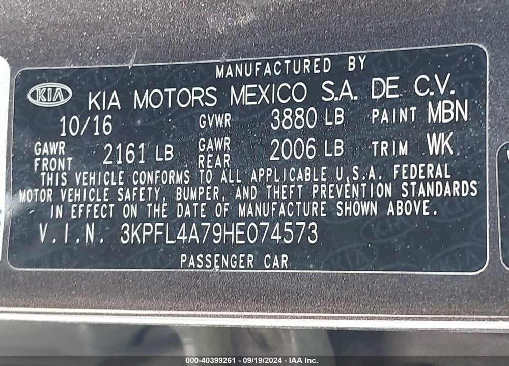 2017 KIA FORTE LX VIN: 3KPFL4A79HE074573
