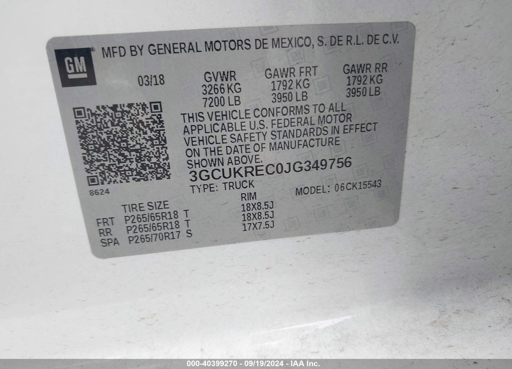 2018 CHEVROLET SILVERADO 1500 2LT VIN: 3GCUKREC0JG349756