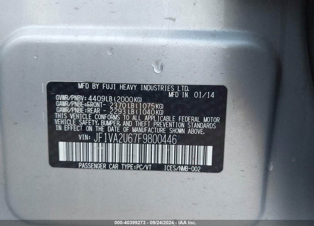 2015 SUBARU WRX STI LIMITED VIN: JF1VA2U67F9800446