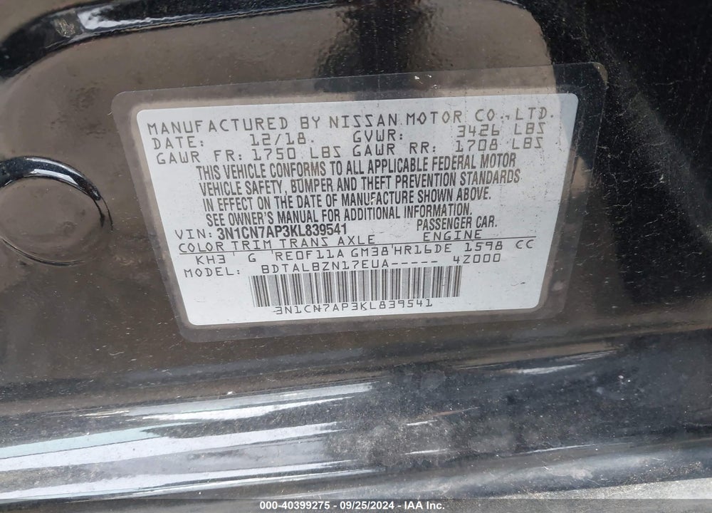 2019 NISSAN VERSA 1.6 SV VIN: 3N1CN7AP3KL839541