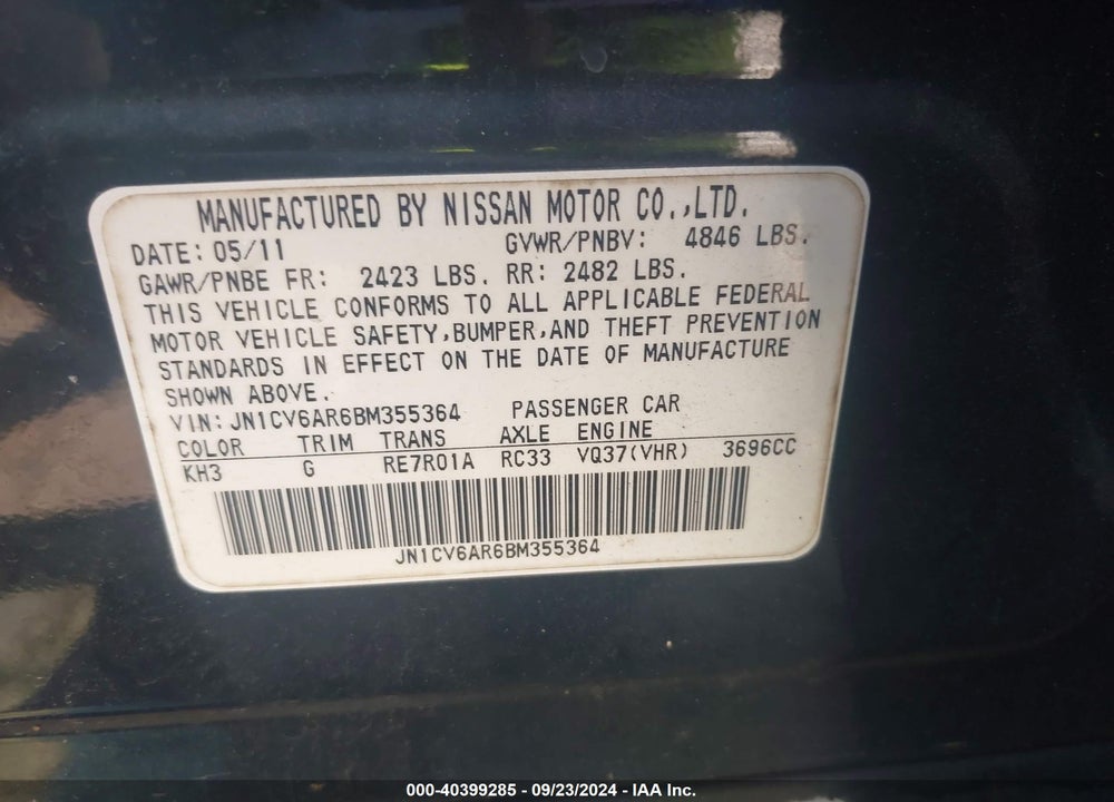 2011 INFINITI G37X VIN: JN1CV6AR6BM355364