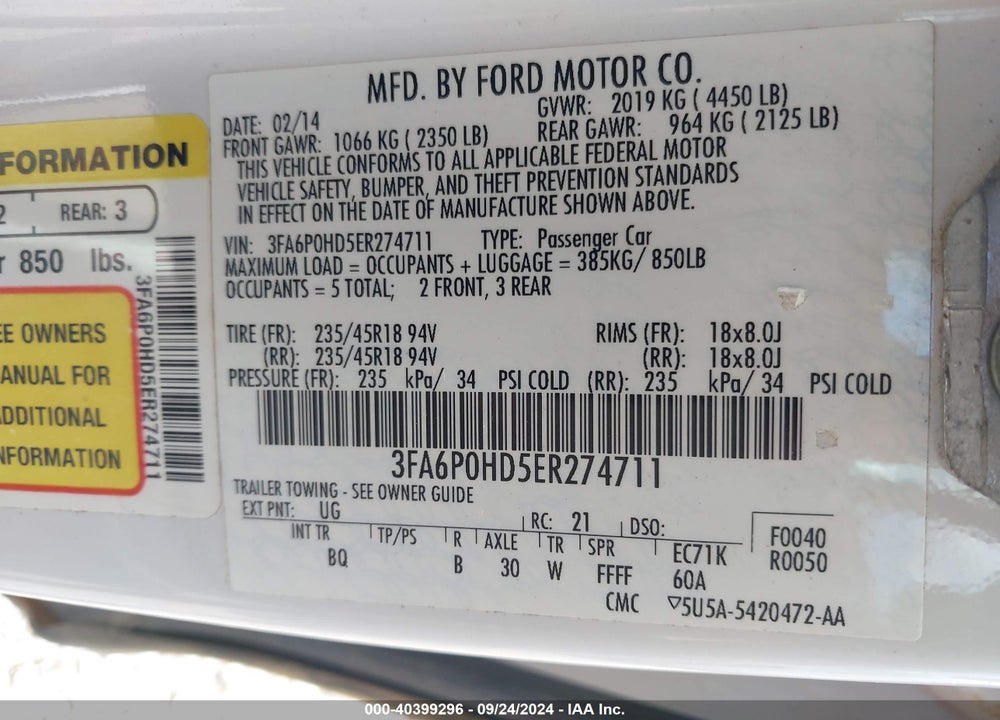 2014 FORD FUSION SE VIN: 3FA6P0HD5ER274711