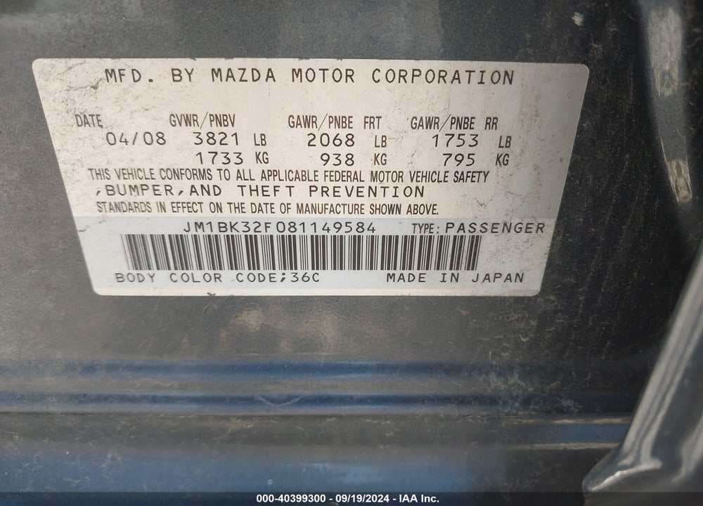 2008 MAZDA 3 I TOURING VALUE VIN: JM1BK32F081149584