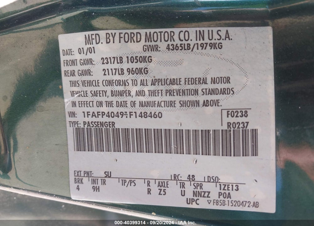 2001 FORD MUSTANG VIN: 1FAFP40491F148460