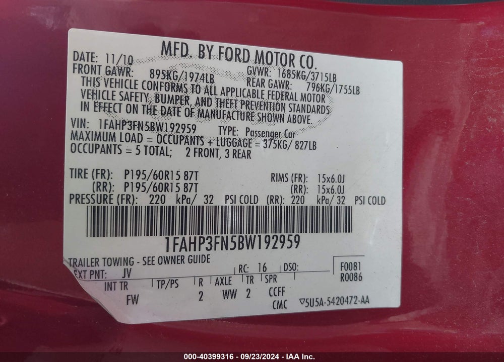 2011 FORD FOCUS SE VIN: 1FAHP3FN5BW192959