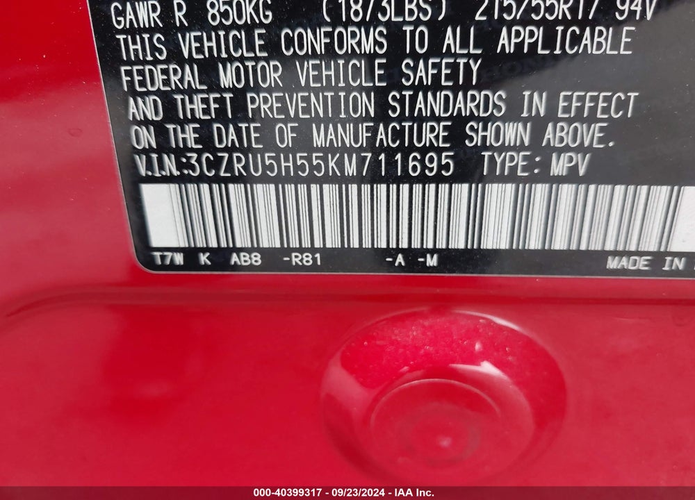 2019 HONDA HR-V EX VIN: 3CZRU5H55KM711695