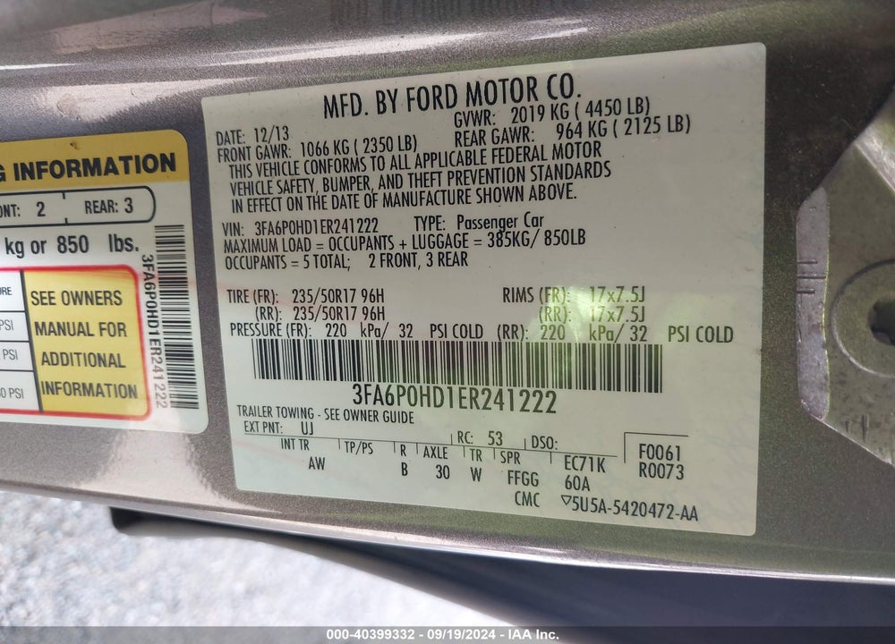 2014 FORD FUSION SE VIN: 3FA6P0HD1ER241222