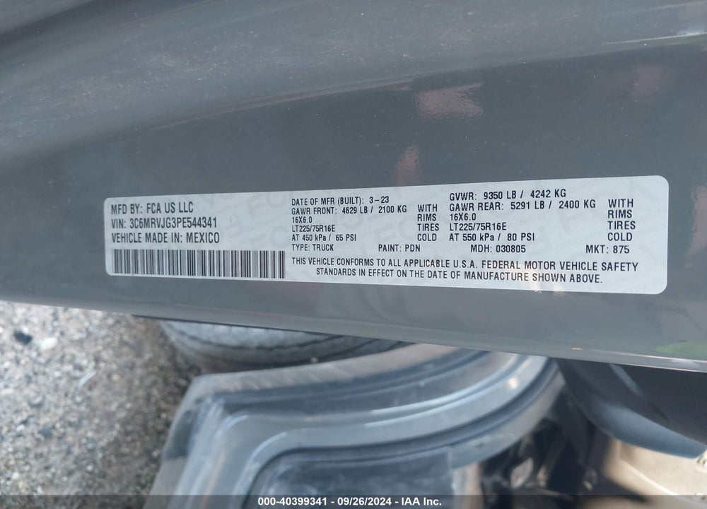 2023 RAM PROMASTER 3500 CARGO VAN HIGH ROOF 159 WB EXT VIN: 3C6MRVJG3PE544341