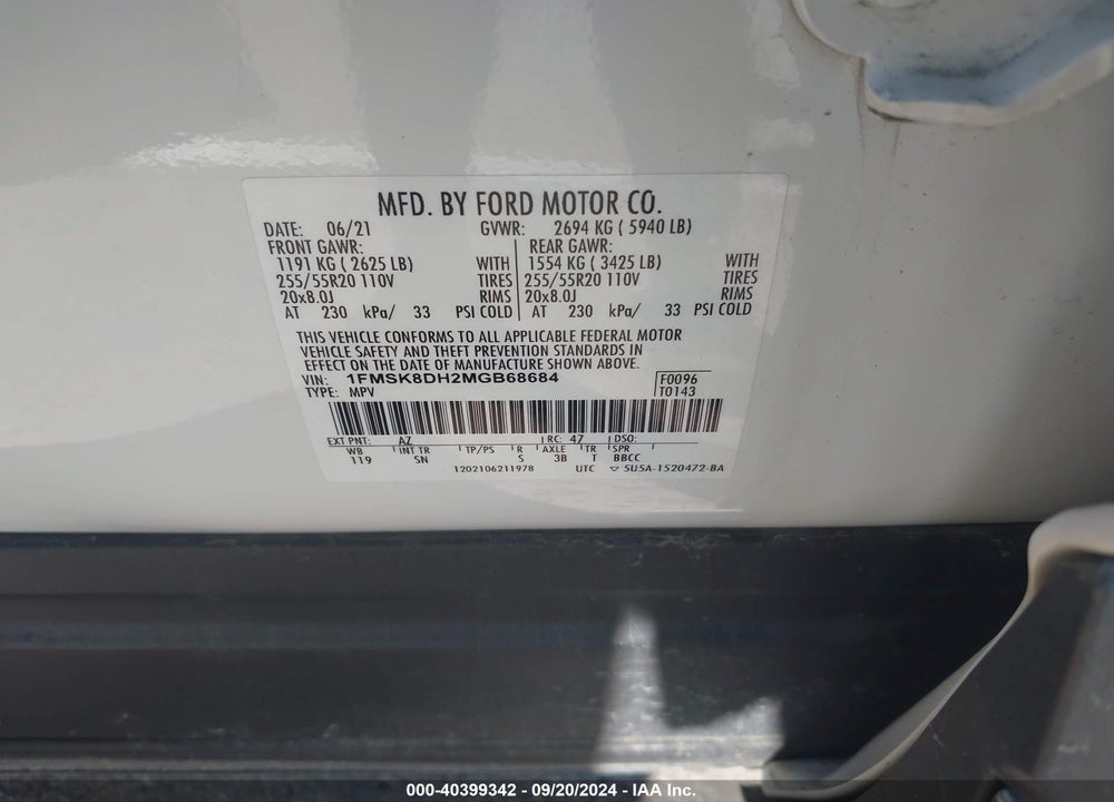 2021 FORD EXPLORER VIN: 1FMSK8DH2MGB68684