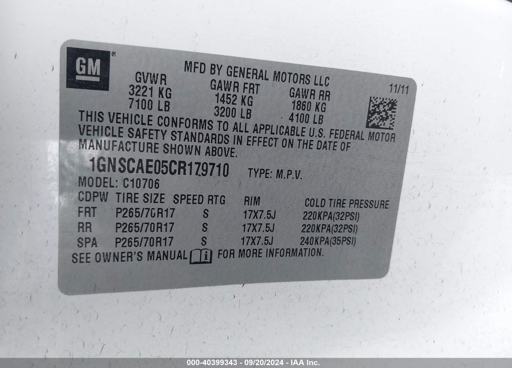 2012 CHEVROLET TAHOE LS VIN: 1GNSCAE05CR179710