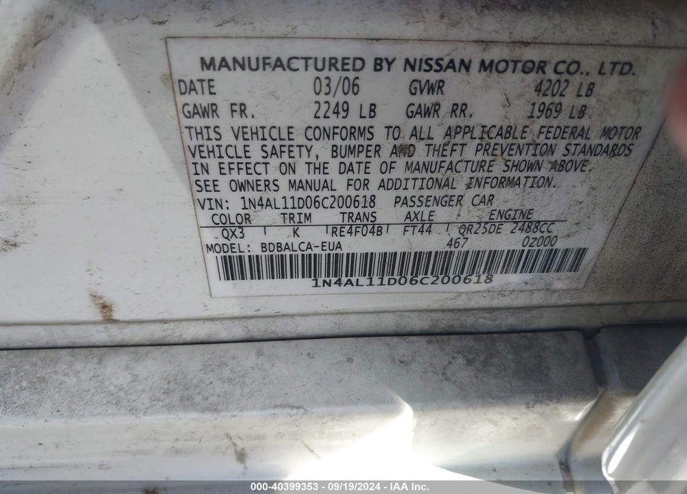 2006 NISSAN ALTIMA 2.5 S VIN: 1N4AL11D06C200618