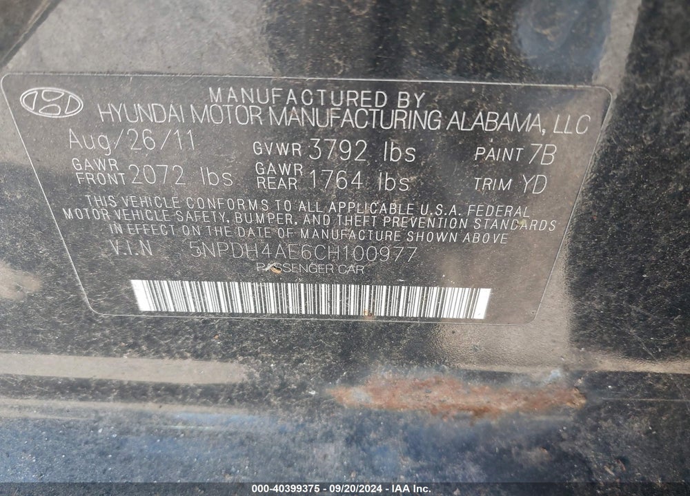 2012 HYUNDAI ELANTRA LIMITED VIN: 5NPDH4AE6CH100977