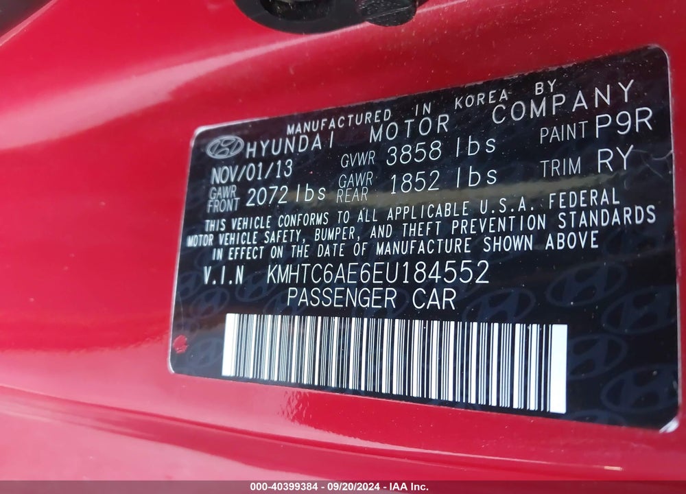 2014 HYUNDAI VELOSTER TURBO W/BLACK VIN: KMHTC6AE6EU184552