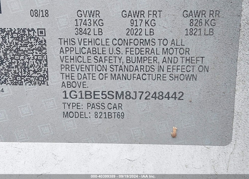 2018 CHEVROLET CRUZE LT AUTO VIN: 1G1BE5SM8J7248442