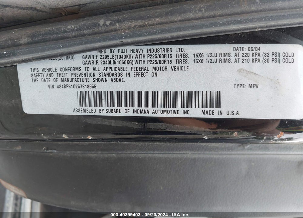 2005 SUBARU OUTBACK 2.5I VIN: 4S4BP61C257318955