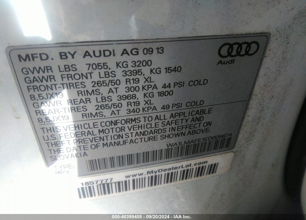 2014 AUDI Q7 3.0 TDI PREMIUM VIN: WA1LMAFE1ED005874