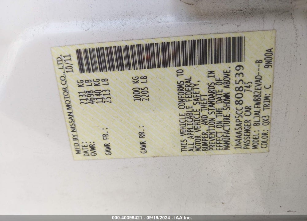 2012 NISSAN MAXIMA 3.5 SV VIN: 1N4AA5AP5CC808539
