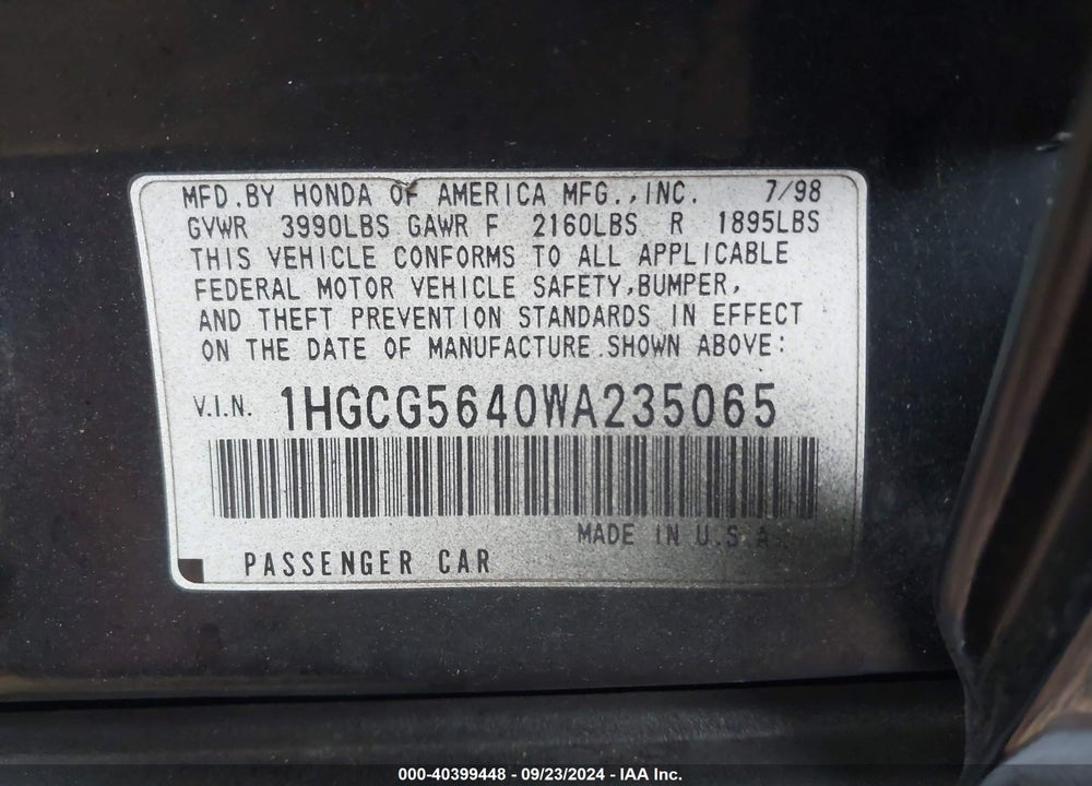 1998 HONDA ACCORD LX VIN: 1HGCG5640WA235065