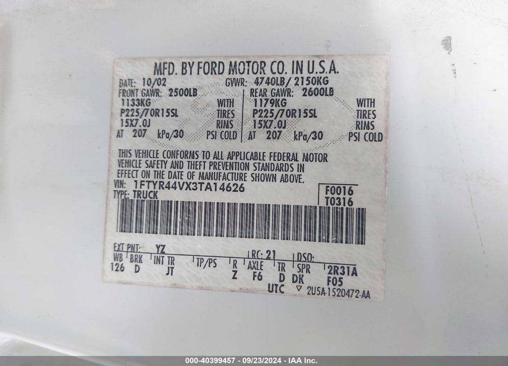 2003 RANGER FORD  EDGE/TREMOR/XLT VIN: 1FTYR44VX3TA14626