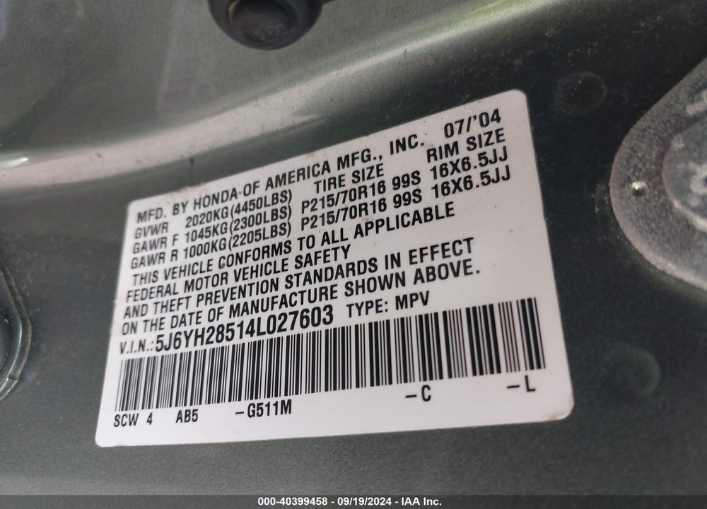 2004 HONDA ELEMENT EX VIN: 5J6YH28514L027603