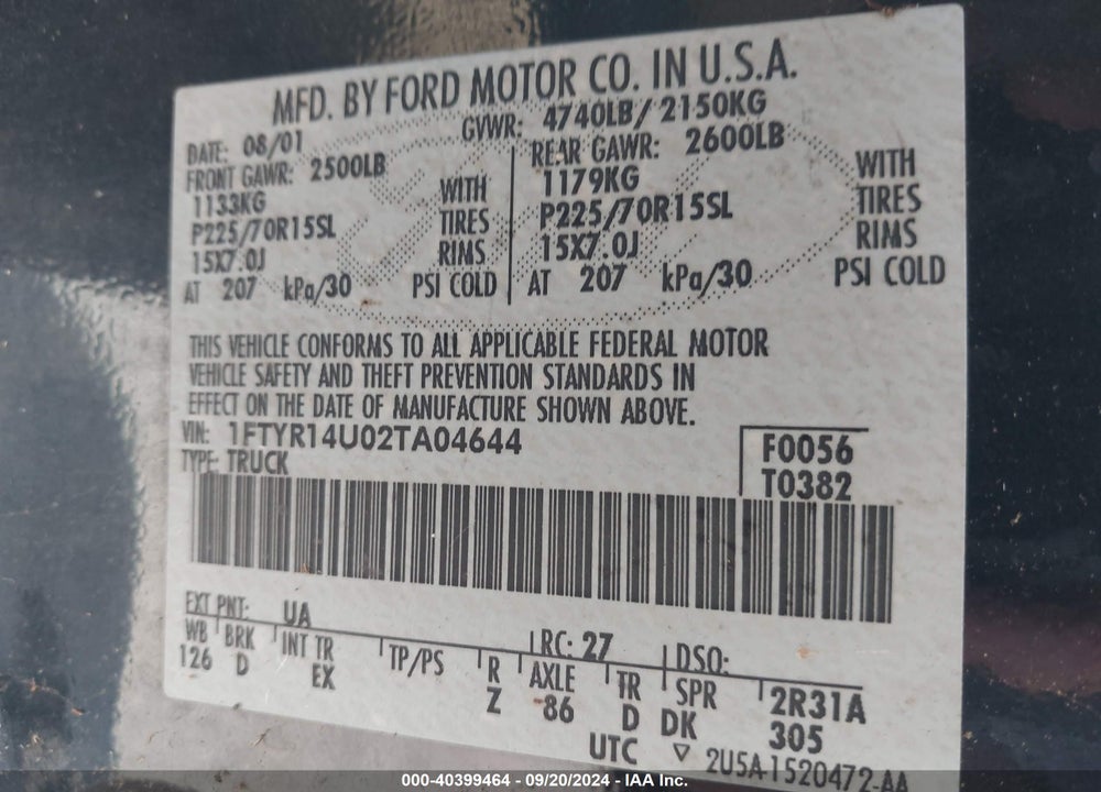 2002 FORD RANGER EDGE/TREMOR/XL/XLT VIN: 1FTYR14U02TA04644