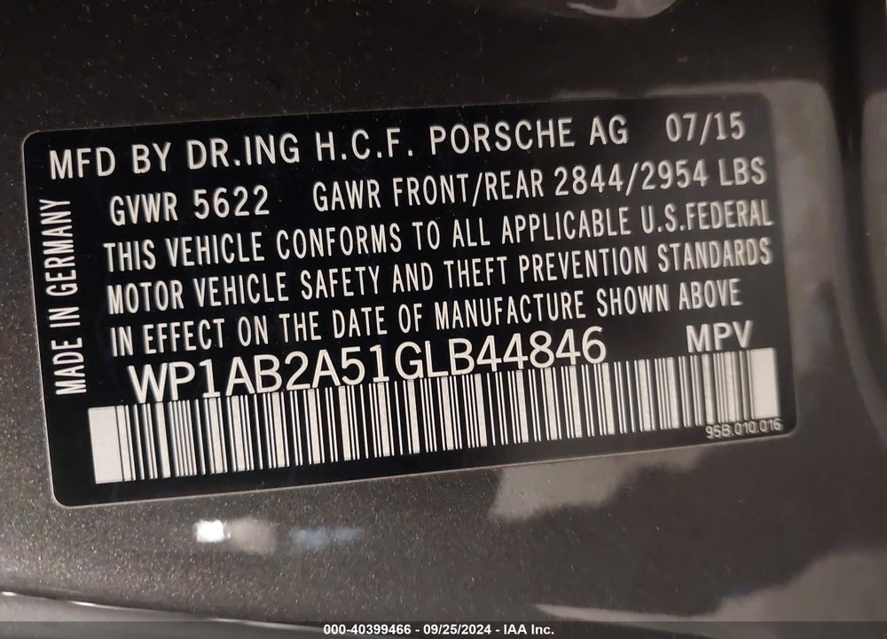 2016 PORSCHE MACAN S VIN: WP1AB2A51GLB44846