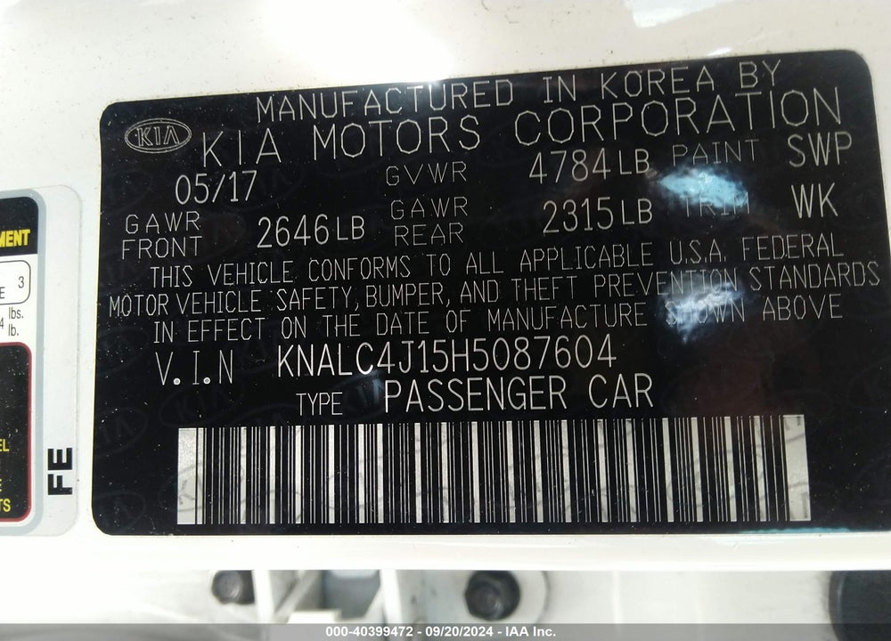 2017 KIA CADENZA LIMITED VIN: KNALC4J15H5087604
