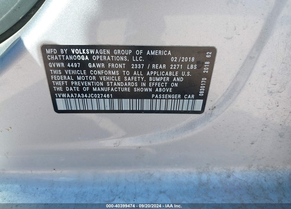 2018 VOLKSWAGEN PASSAT 2.0T R-LINE/2.0T S VIN: 1VWAA7A34JC027461